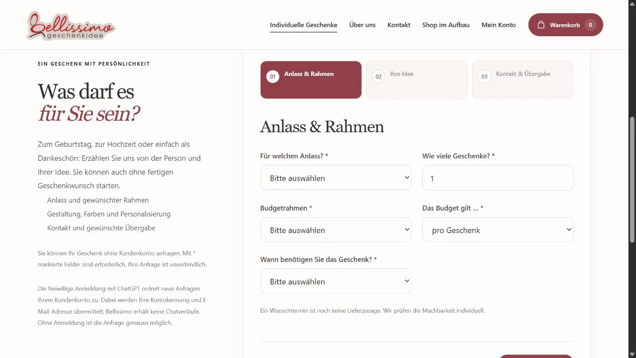 Erster Schritt der Bellissimo-Geschenkanfrage mit Angaben zu Anlass, Budget und Zeitrahmen