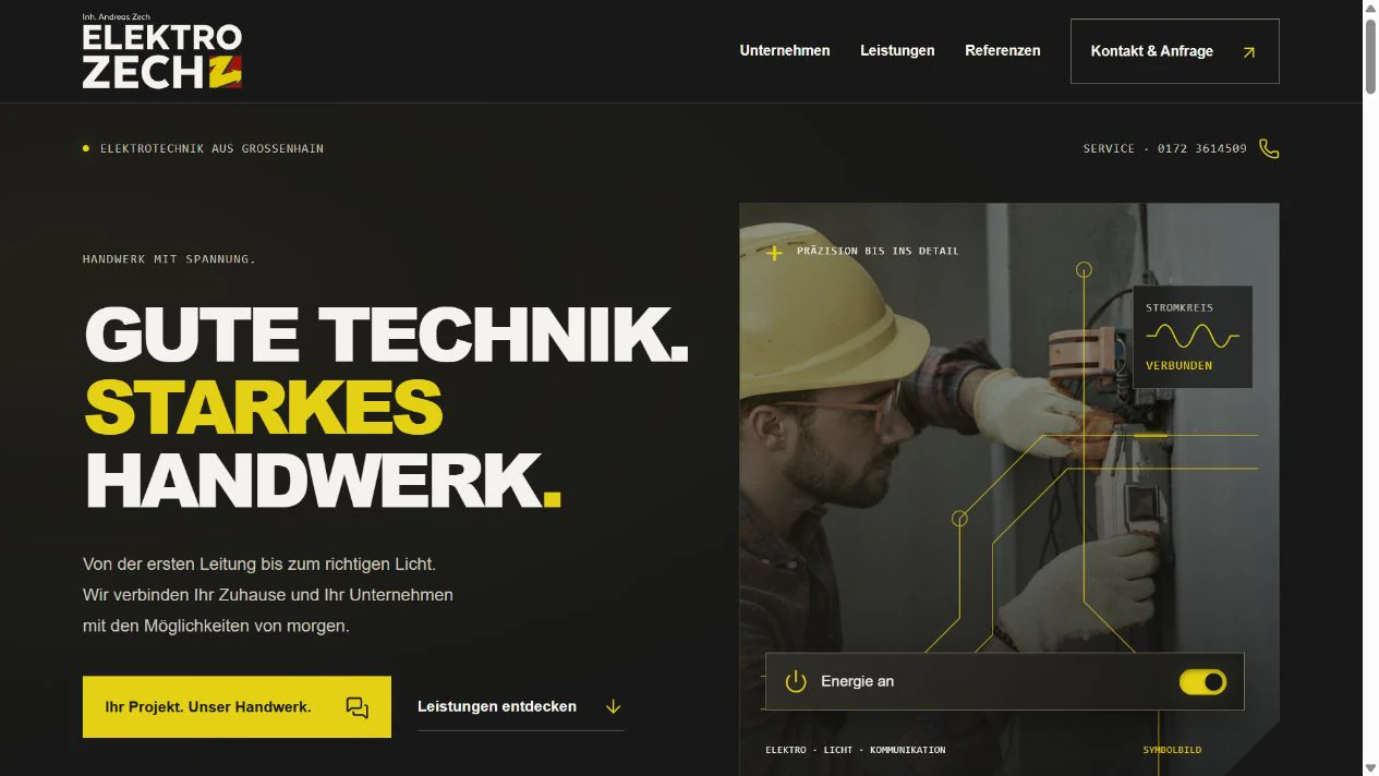 Aktuelle Elektro-Zech-Startseite mit weißem Original-Logo, dunkler Gestaltung und gelben Akzenten